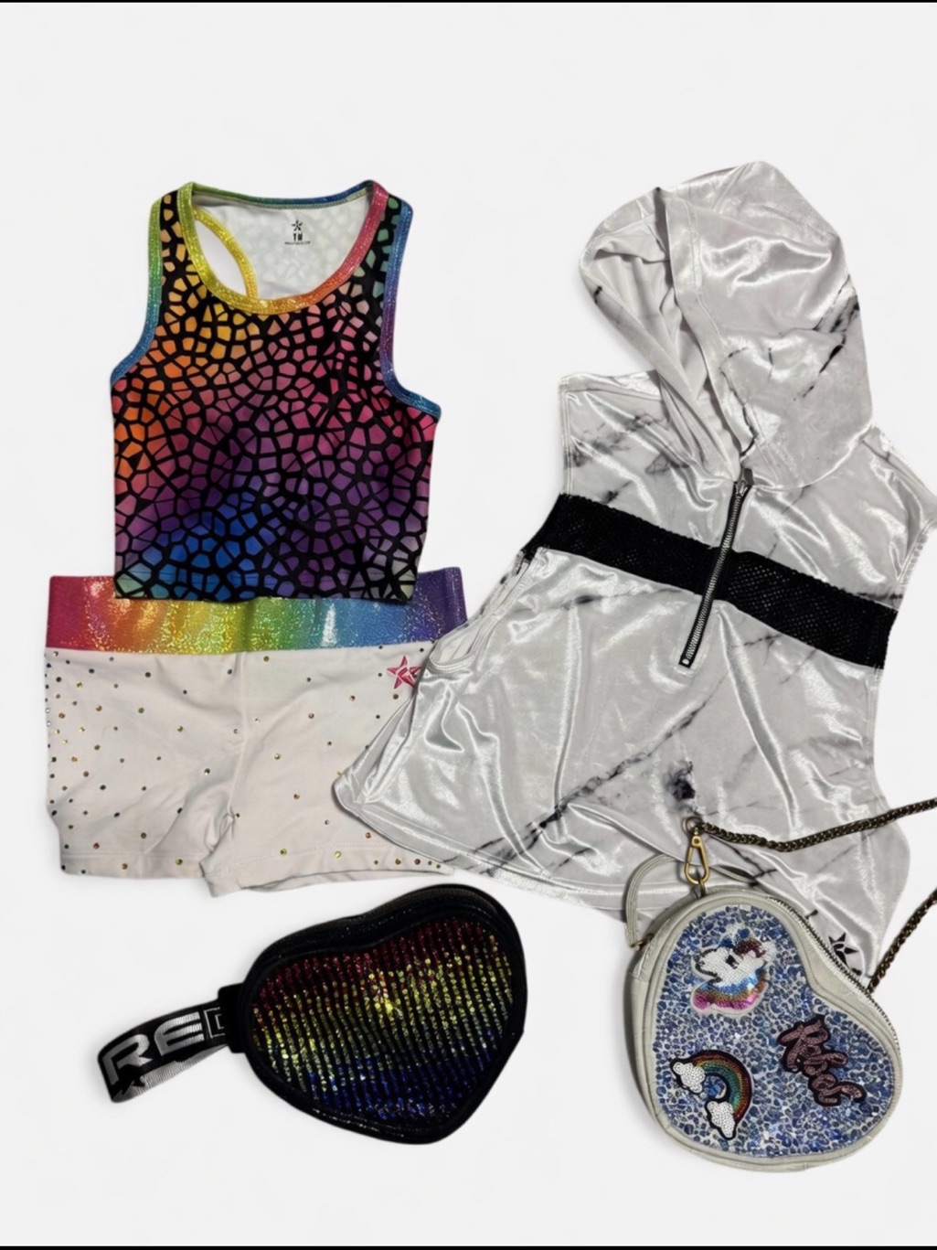 Rainbow Mosaic Tank & Silver Hooded Top Kids Dance Set